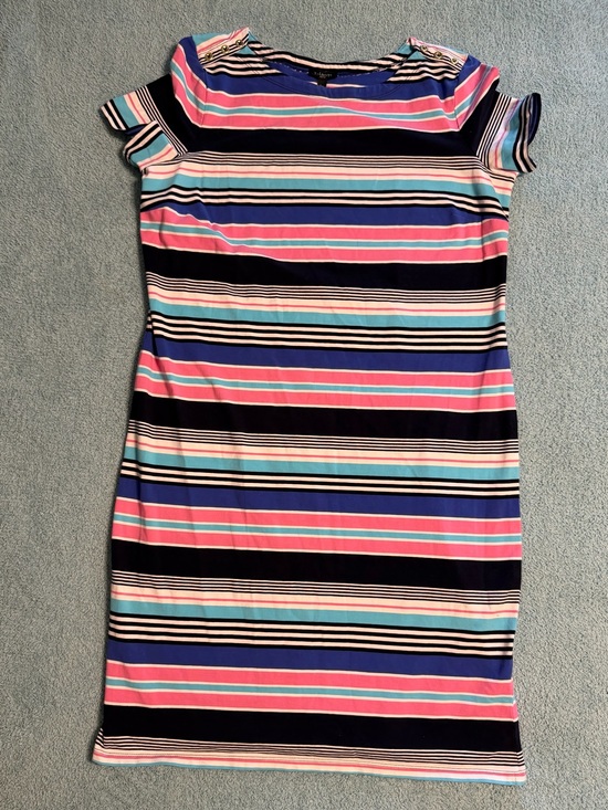 Talbots Dresses & Skirts - Talbots Striped Soft Casual Tee Dress Gold Button Shoulder Large Petite Pink